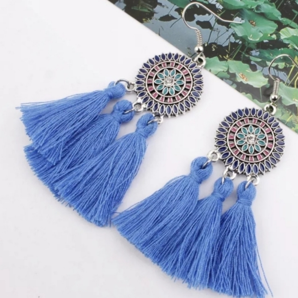 NEW Blue Easter Western Tribal Tassel Dangling Gift Earrings Preppy‎ Clueless